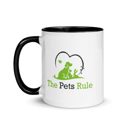 the pets rule white mug with black color inside